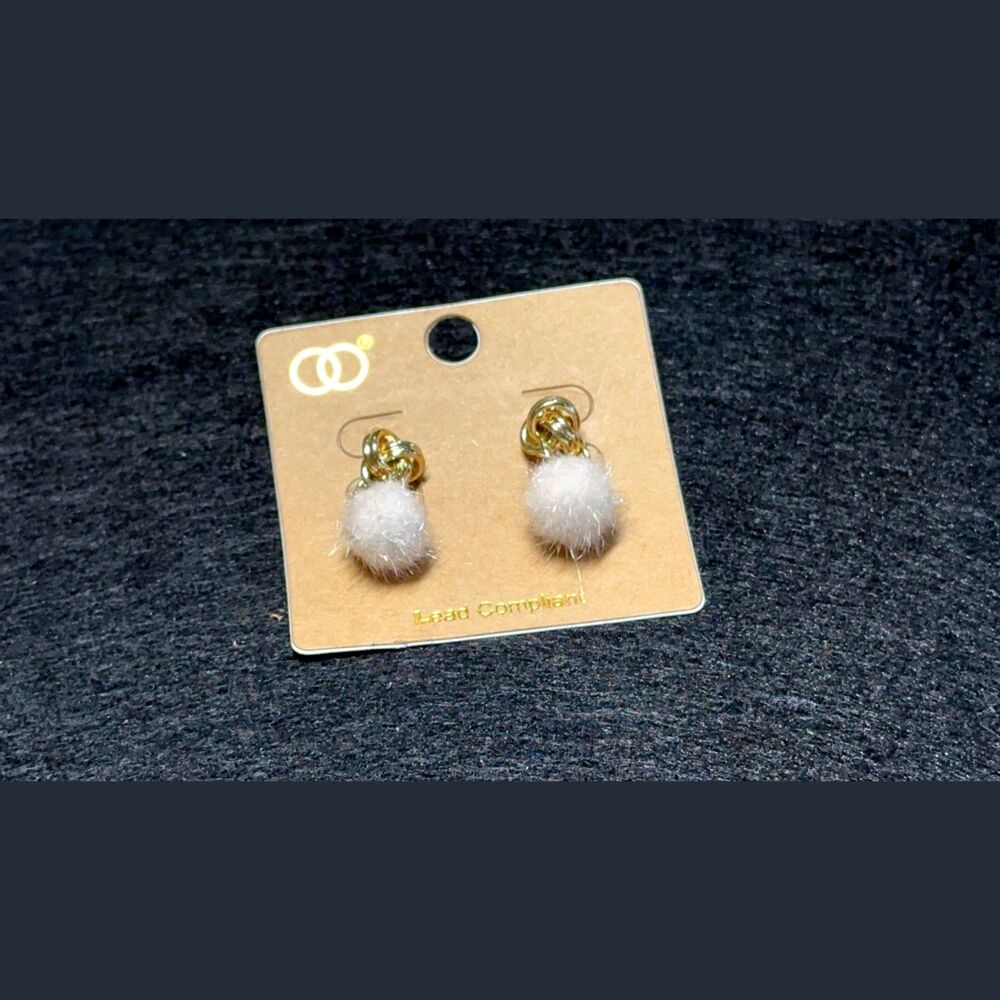 Cream Fur Pom Pom Drop Earrings Gold Love Knot Fluffy Winter Boho NWT